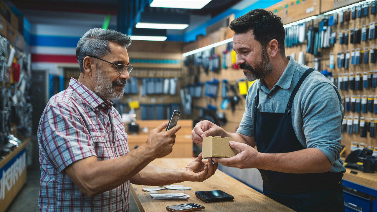Persona 11 comprando en tienda local con una oferta en su teléfono móvil